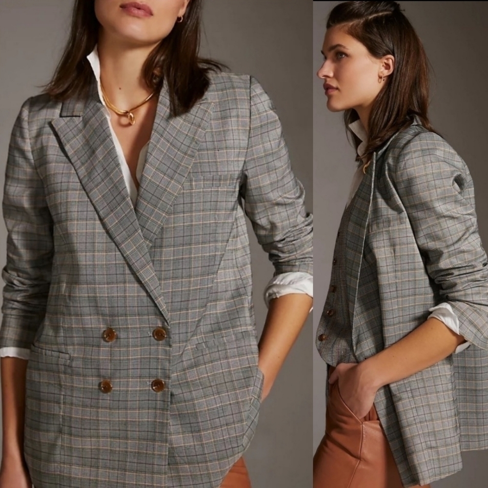 New Anthropologie Hutch Classic Longline Double Breasted Plaid Maize Blazer Sz M